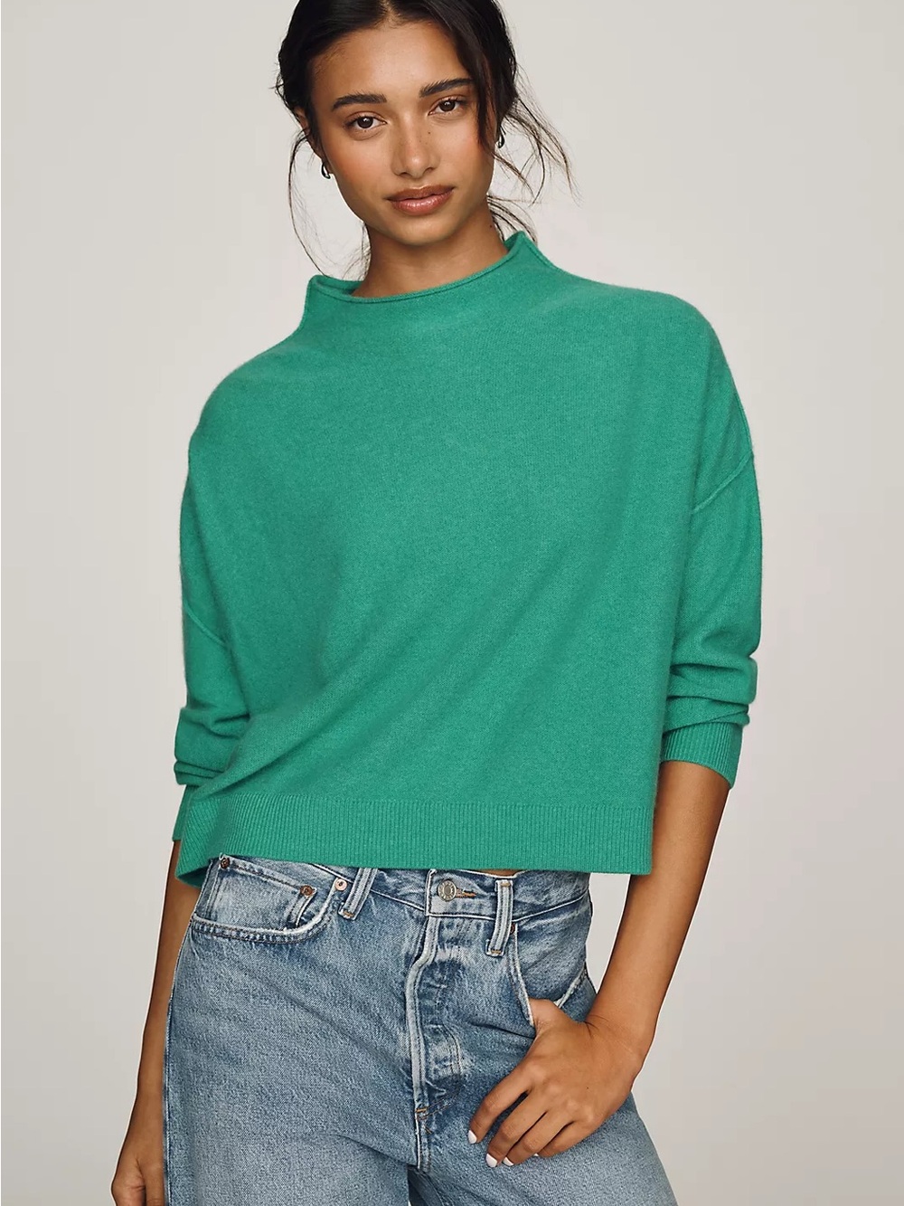 Pilcro by Anthropologie Alani 100% Cashmere Mock-Neck Sweater in Neon Mint Leaf